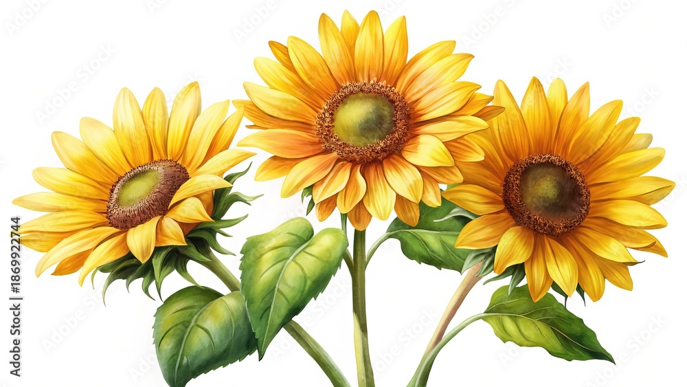 Obraz premium Three vibrant sunflowers with lush green leaves on a white background
