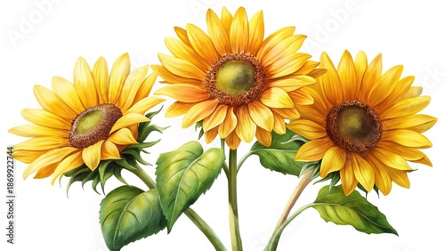 Three vibrant sunflowers with lush green leaves on a white background