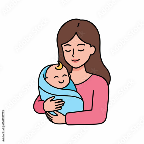 Mother holding newborn baby motherhood love infant in blue blanket.