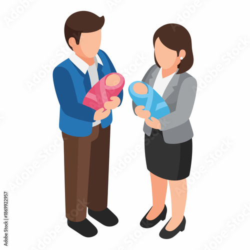 Couple Holding Twin Babies New Parents Family Concept.