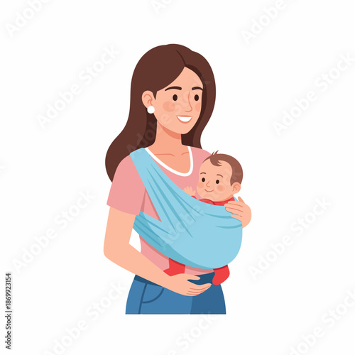 Mother carrying baby in sling.