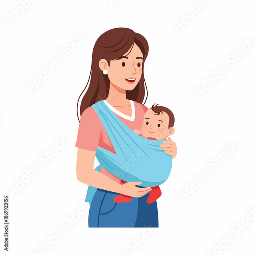 mother carrying baby in baby sling.
