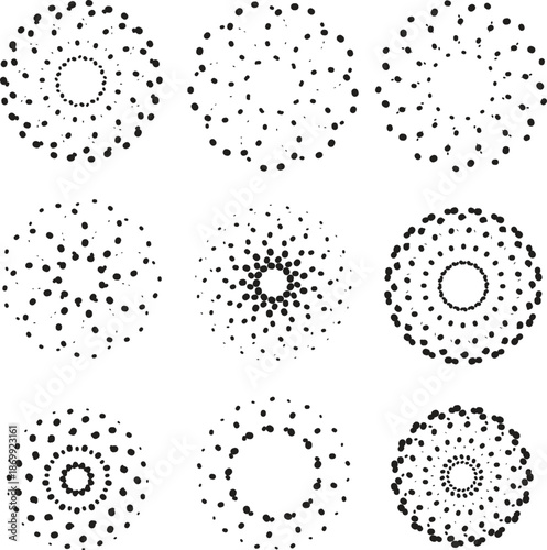 transparent background with intricate circular dot patterns, Collection of nine dark abstract circular geometric patterns composed of many small dots illustrating different mandalas.