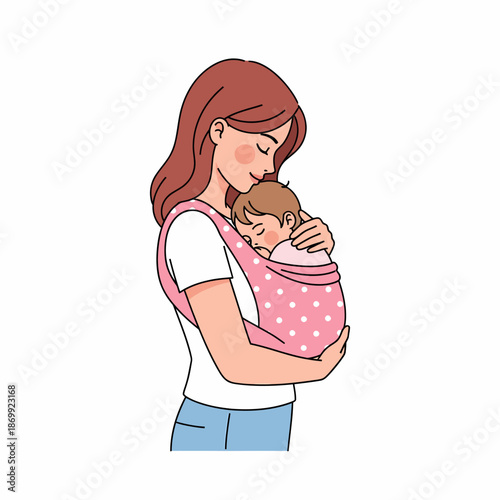 mother holding baby in baby carrier.