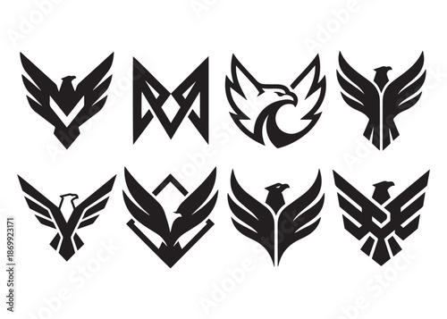 Set of eight abstract vector monochrome logos with eagle and bird with outstretched wings for branding and company design on white background