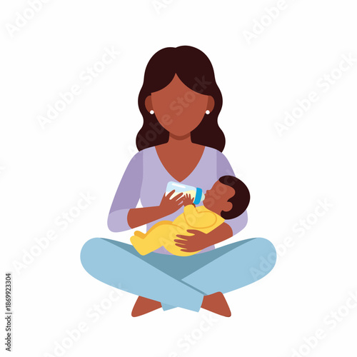 Mother breastfeeding baby sitting relaxed.