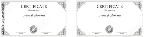 Elegant formal certificate of achievement template with vintage border ornaments, professional award diploma design, classical style document for recognition, success, and business excellence.
