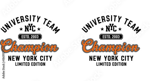 University Team Champion New York City t-shirt design, vintage NYC varsity style typography for apparel, orange and black college sports graphic, limited edition,