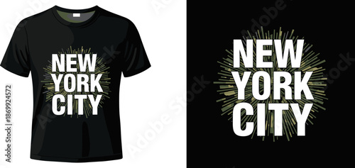 Urban New York City t-shirt design with camouflage sunburst graphic, modern streetwear typography for apparel, bold military pattern starburst on black shirt background,