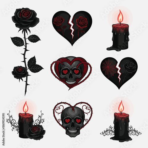 Collection of gothic heart and skull icons with roses and candles