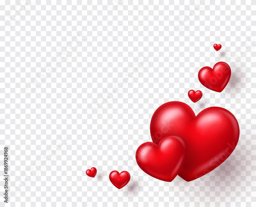 Valentines day love symbols isolated on transparent background. Vector 3d red hearts corner decoration. Wedding romantic decor element