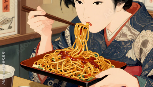 Manga-style Asian Japanese woman wearing a traditional kimono while eating noodles with chopsticks. Retro vintage illustration inspired by classic Japanese pop culture and anime aesthetics. Playful, 1