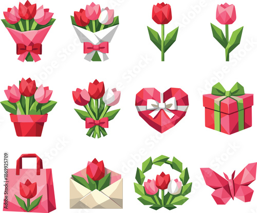 Low-Poly Tulip Icons. Bouquet of tulips and floral gift represented through a professional low-poly vector icon set using crisp