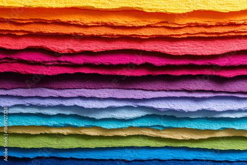 Colorful layers of textured paper in vibrant hues, showcasing a spectrum of shades from orange to blue, ideal for creative projects and artistic backgrounds with copy space