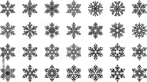 Black and white snowflake icon grid, 30 unique symmetrical winter crystal designs, minimalist vector set for seasonal decoration