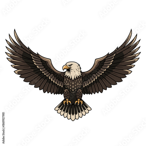Majestic bald eagle with wings spread in symmetrical pose for power and freedom concept illustrations