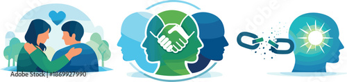 Empathy and Connection Icons. Community mental health scene illustrated via empathy, connection, and shared understanding reducing