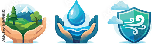 Harmony of Nature. Environmental responsibility framework depicted through protection of land, water, and air working in harmony,