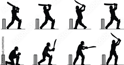 Cricket player silhouette set, batting and fielding poses, wicket icons, sports vector illustration, athletic action clipart collection