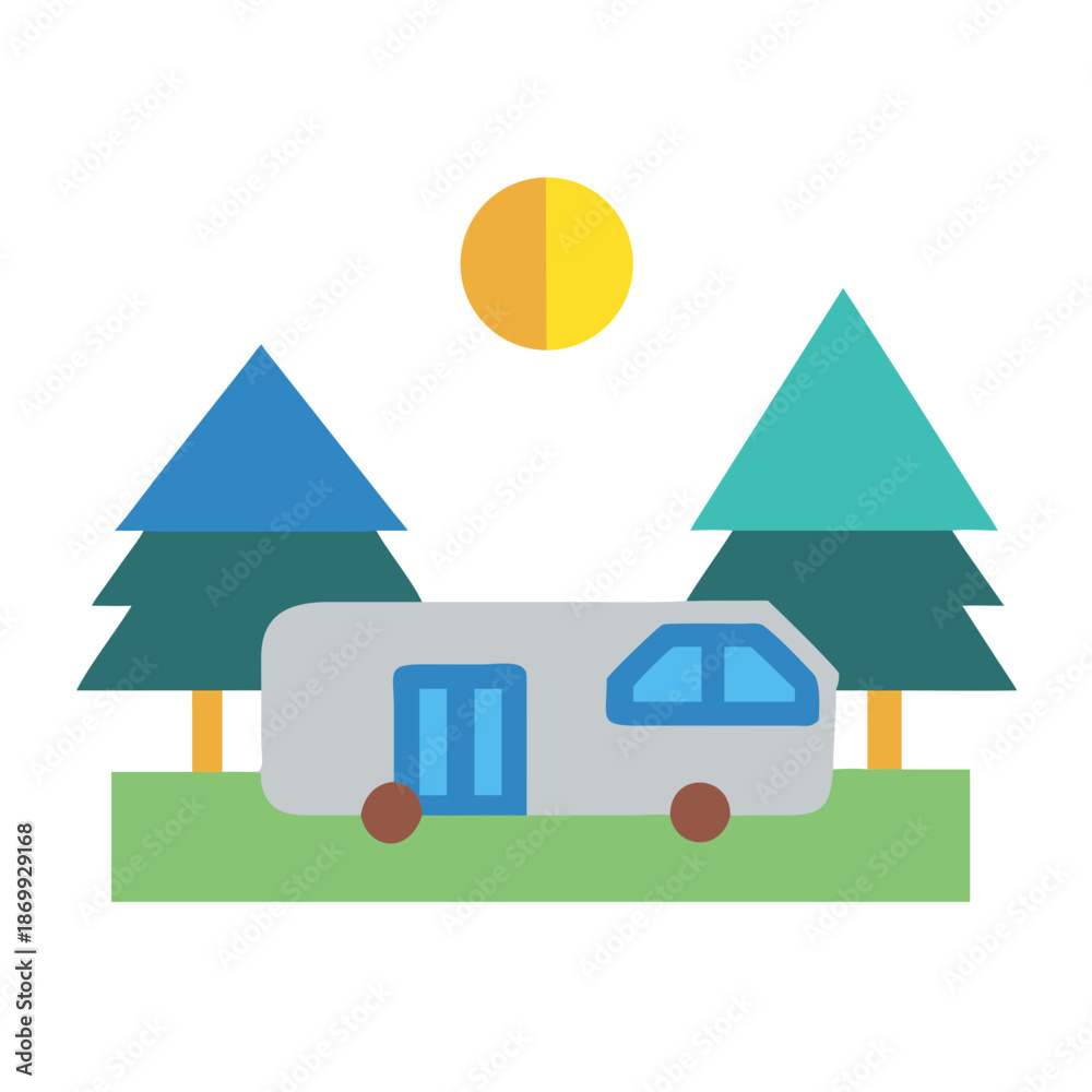 Fototapeta premium Flat vector RV camping in forest at night with full moon