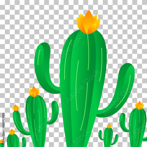 Illustration of several green saguaro cacti with vibrant yellow flowers against a transparent background.