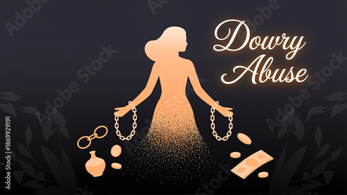 Dowry Abuse: A poignant illustration symbolizing the injustices of dowry abuse, with a silhouette of a woman in shackles and falling assets. 
