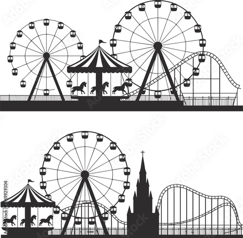 Black Silhouette Collection of Amusement Park Fairground Rides Including Ferris Wheels Roller Coasters and Carousel Horses Isolated on White Background Vector (21 words)