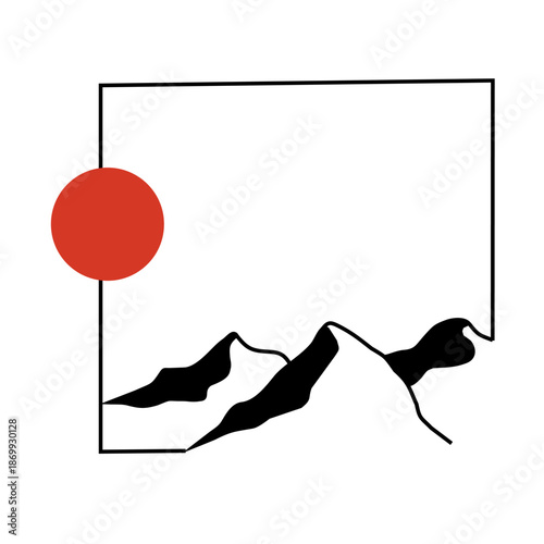 Minimalist illustration featuring abstract mountain shapes inside a simple frame with a red sun on a white background