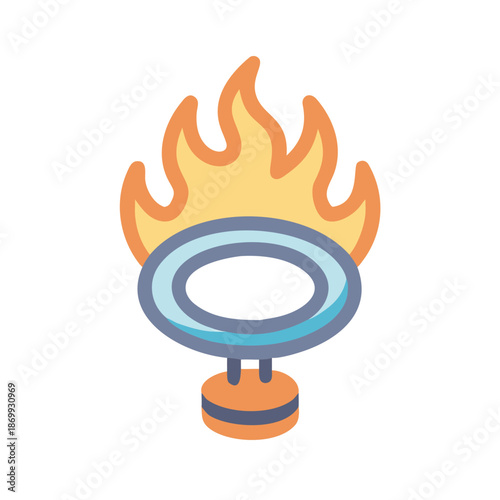 Stylized illustration of a ring of fire obstacle over a platform on black
