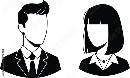 Minimalist faceless business man and woman avatar illustration in black and white style for corporate profile and UI design use