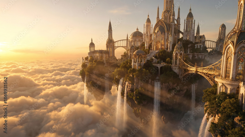 Naklejka premium Majestic fantasy floating city above clouds at golden hour with waterfalls