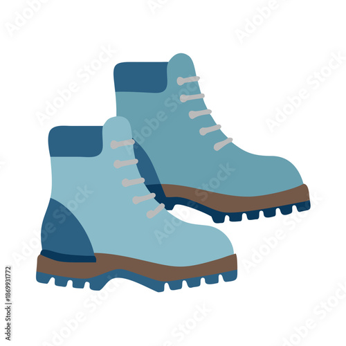 Two light blue hiking boots with brown soles and gray laces on black