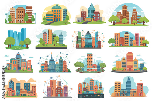 A colorful illustration of various city skylines with buildings and trees on a white background