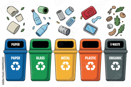 A colorful illustration of recycling bins and various recyclable materials on a white background