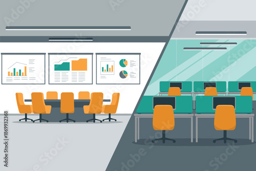 A modern office space divided into a meeting room and a workstation area with computers and graphs on the wall.