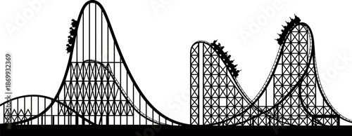 Black Silhouette of a Roller Coaster Track with Passenger Carts on an Amusement Park Background Isolated on White for Design