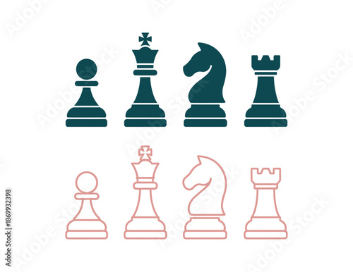 A set of chess pieces in two different colors on a white background