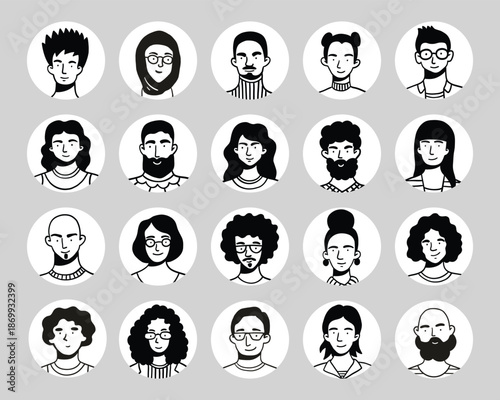 Round characters avatars cartoon outline illustrations set. Users of different age and ethnicity 2D linear images isolated. Web page and online chat profiles collection black and white vector drawings