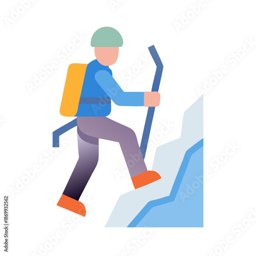 Flat vector illustration of a person hiking up a snowy mountain