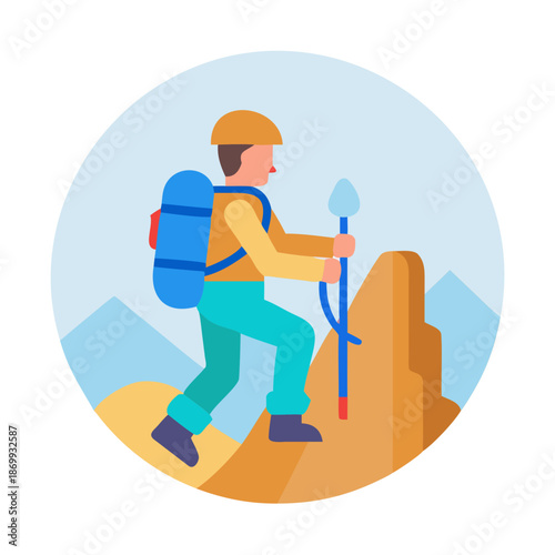 Illustration of a hiker climbing a mountain with backpack and trekking pole