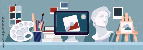 Artist's desk. Vector flat illustration. Horizontal banner. Creative workplace. Workspace. Blue background.