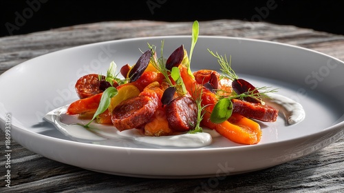 Wallpaper Mural Chorizo and roasted carrot salad, yogurt dressing, modern plating, light stone surface Torontodigital.ca