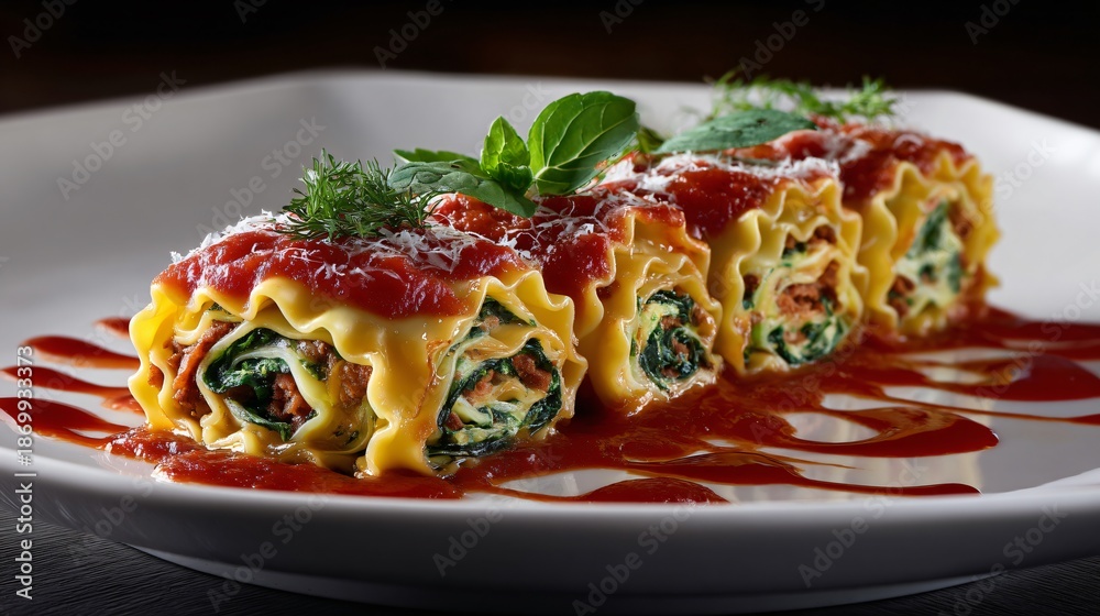 Fototapeta premium Chorizo and spinach lasagna rolls, neatly plated, tomato sauce drizzle, editorial look