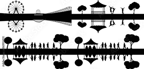 Black silhouette park landscape with ferris wheel people jumping and gazebo reflecting in water for summer recreational leisure background vector concept design