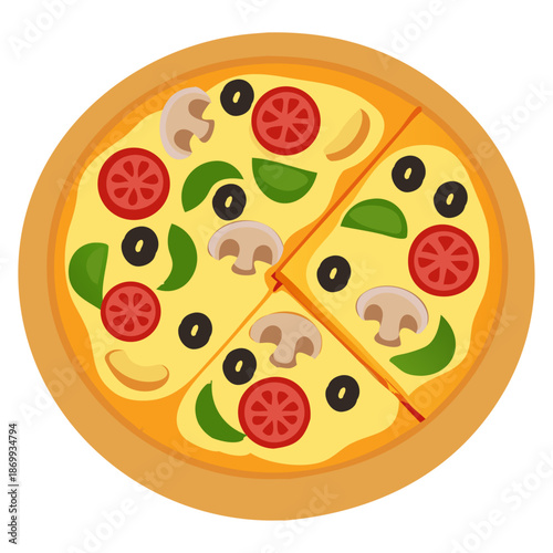 Italian Pizza with Pepperoni Olives and Peppers Top View Vector Illustration
