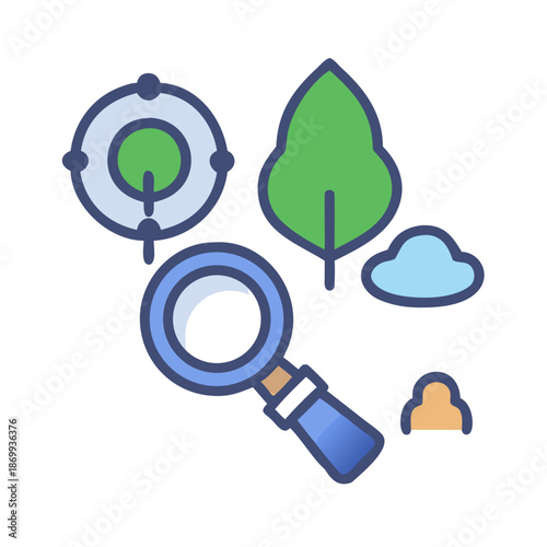 Icon-Style Illustration of Environmental Research and Exploration with Magnifying Glass and Target