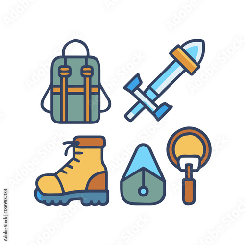Camping and Outdoor Adventure Gear Flat Design Icon Set on Black Background