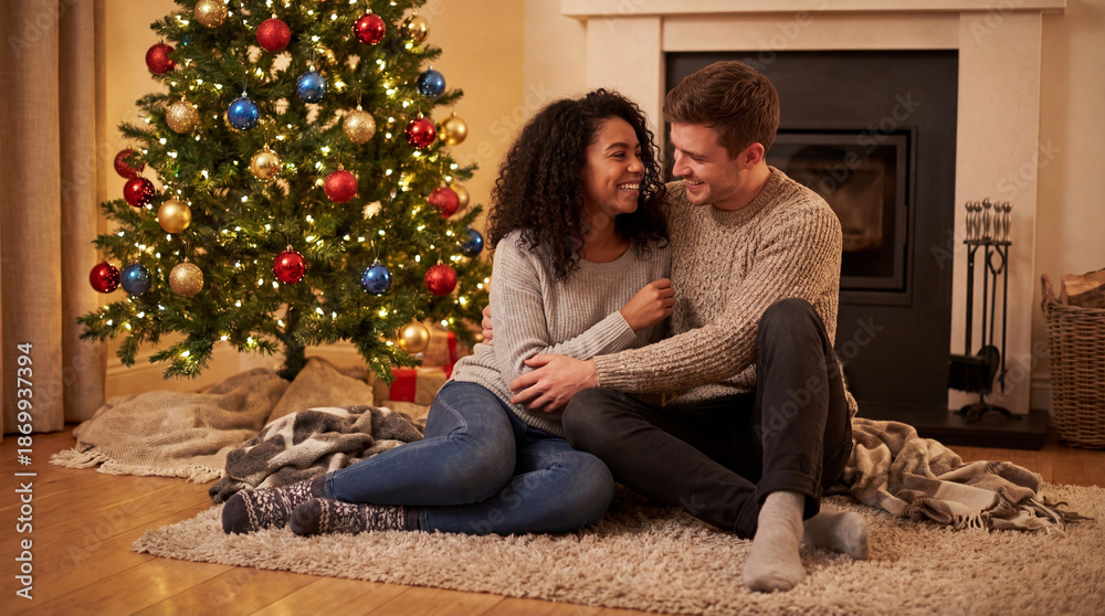 Obraz premium Couple hugging in front of decorated Christmas tree