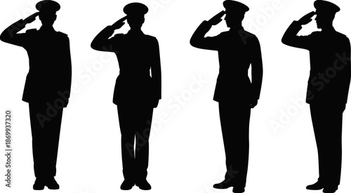 Set of black military soldier silhouettes saluting in uniform isolated on white background for veterans day memorial service or patriotic army concept