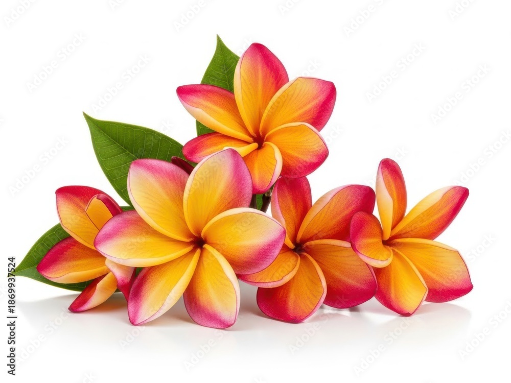 Fototapeta premium Vibrant plumeria flowers with green leaves isolated on white background